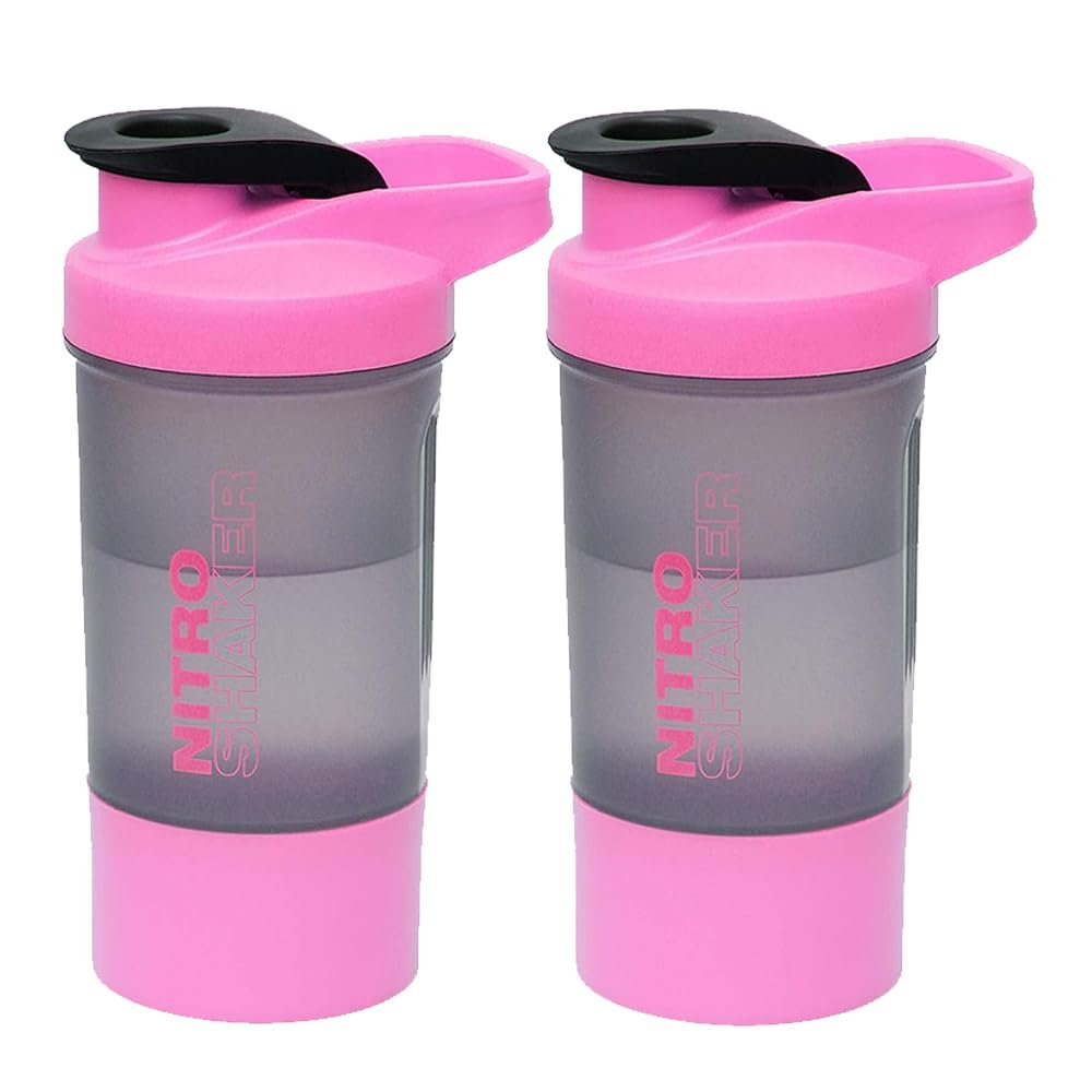 2 x Protein Shaker Bottle 600ml with Leakproof Screw Lid, Steel Mixing Ball & Storage Compartment Gym/Sports Shaker Drink Bottle for Protein Shakes BPA Free Protein Powder Shaker Cup (Pink + Pink)