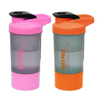 2 x Protein Shaker Bottle 600ml with Leakproof Screw Lid, Steel Mixing Ball & Storage Compartment Gym/Sports Shaker Drink Bottle for Protein Shakes BPA Free Protein Powder Shaker Cup (Pink + Orange)