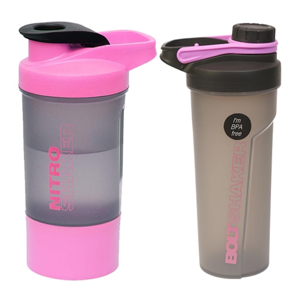 Set of 2 - Protein Shaker Bottles 600ml and 700ml with Screw Lid, Stainless Steel Mixing Ball or Storage Compartment Plastic Supplement Shaker Bottle for Gym Fitness Running Exercise (Pink Colour)
