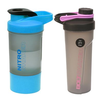 (Set of 2) - Protein Shaker Bottles with Screw Lid, Stainless Steel Mixing Ball or Storage Compartment Plastic Supplement Shaker Bottle for Gym Fitness Running Exercise 600ml - Blue and 700ml - Pink