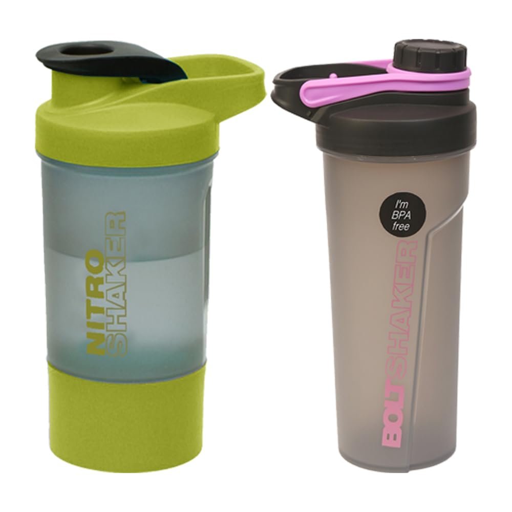 Set of 2, Protein Shaker Bottles with Screw Lid, Stainless Steel Mixing Ball or Storage Compartment Plastic Supplement Shaker Bottle for Gym Fitness Running Exercise (600ml - Green and 700ml - Pink)