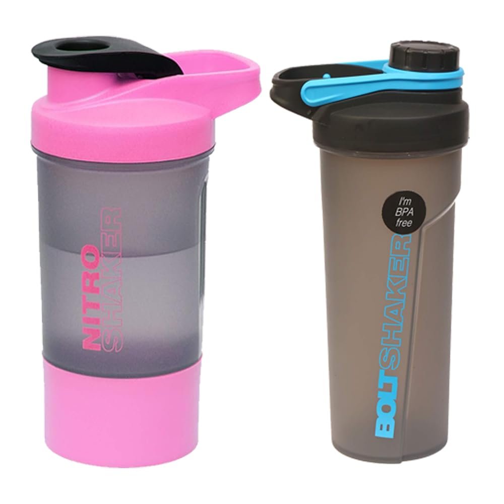 Set of 2 - Protein Shaker Bottles with Screw Lid, Stainless Steel Mixing Ball or Storage Compartment Plastic Supplement Shaker Bottle for Gym Fitness Running Exercise [Pink - 600ml and Blue- 700ml]