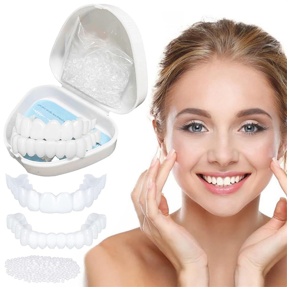 Dazzluxe 2 Pairs Cosmetic Upper And Lower Fake Teeth, Temporary Whitening Teeth Veneers, Instant Perfect Smile Dentures False Teeth for Men Women, One Size Braces Fits Most People