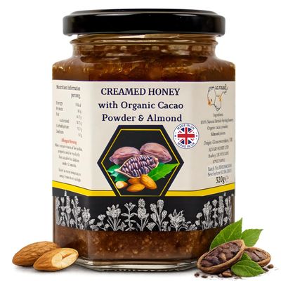 Honey Creamed with Cacao Powder & Almonds 320g  Made from Local Bees, Pure & Natural Raw Whipped Honey, Unprocessed, Unheated & Unfiltered, Smooth Creamy Texture, Naturally Sweet -Alvari