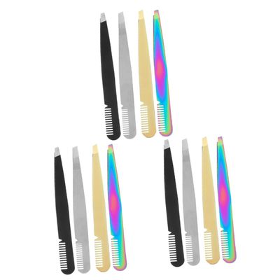 FRCOLOR 12pcs Eyebrow Tweezers Stainless Steel Slant Tip Tweezers for Women Precision Eyelash Hair Removal Tool for Eyebrow Shaping and Facial Hair Care