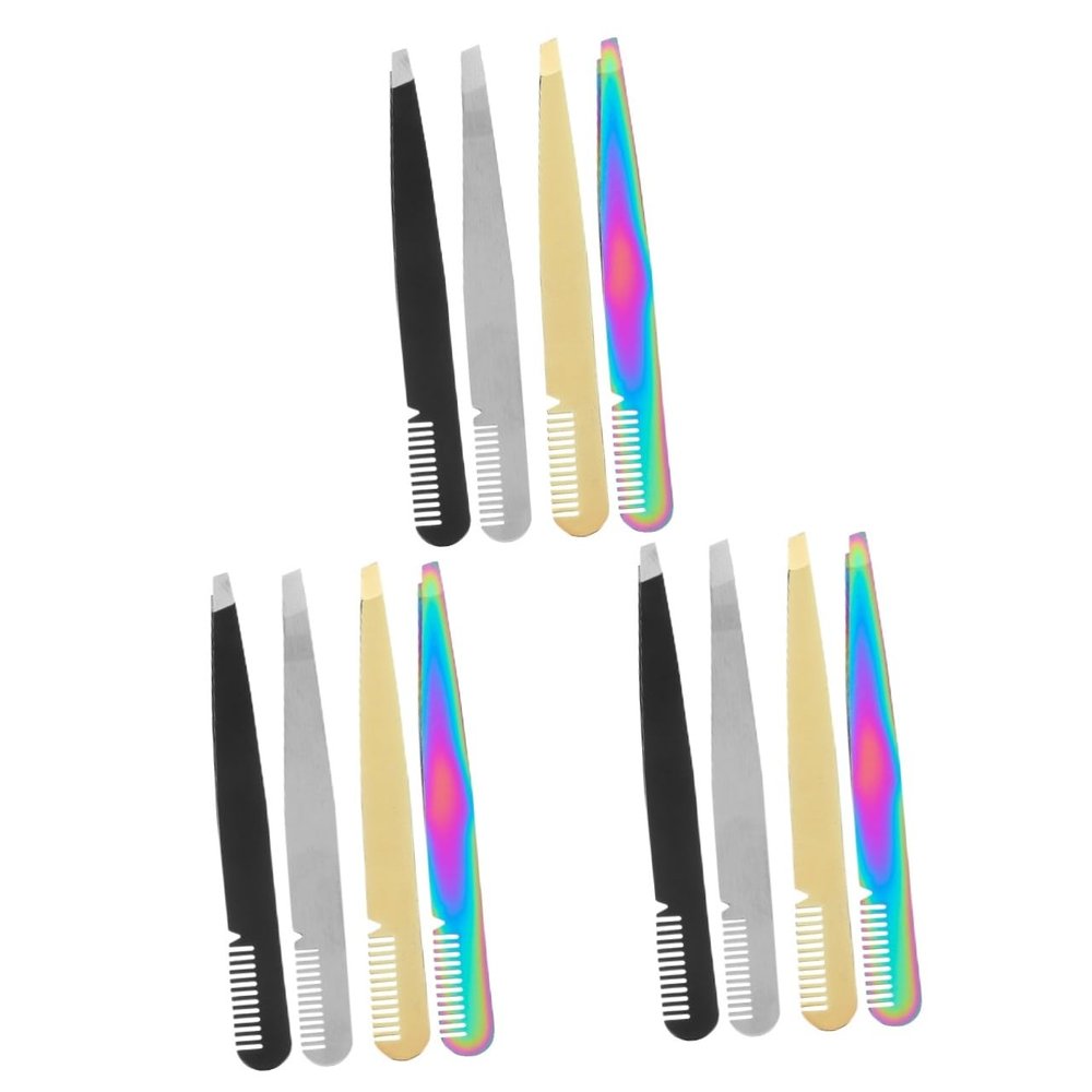 FRCOLOR 12pcs Eyebrow Tweezers Stainless Steel Slant Tip Tweezers for Women Precision Eyelash Hair Removal Tool for Eyebrow Shaping and Facial Hair Care