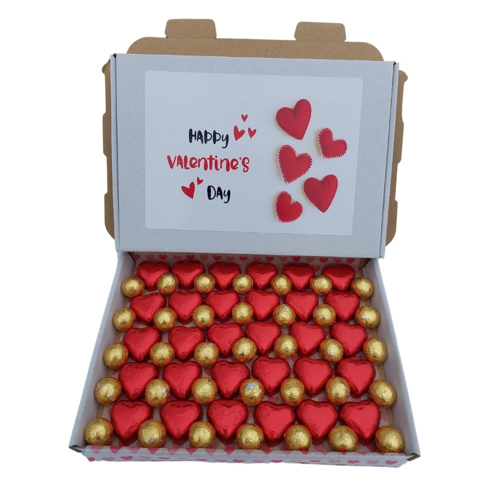 30 x Milk Chocolate Hearts and 35x solid milk chocolate balls for Valentine Chocolates and treats (30 Red Heart & 35 Golden Ball, Pack of 65)