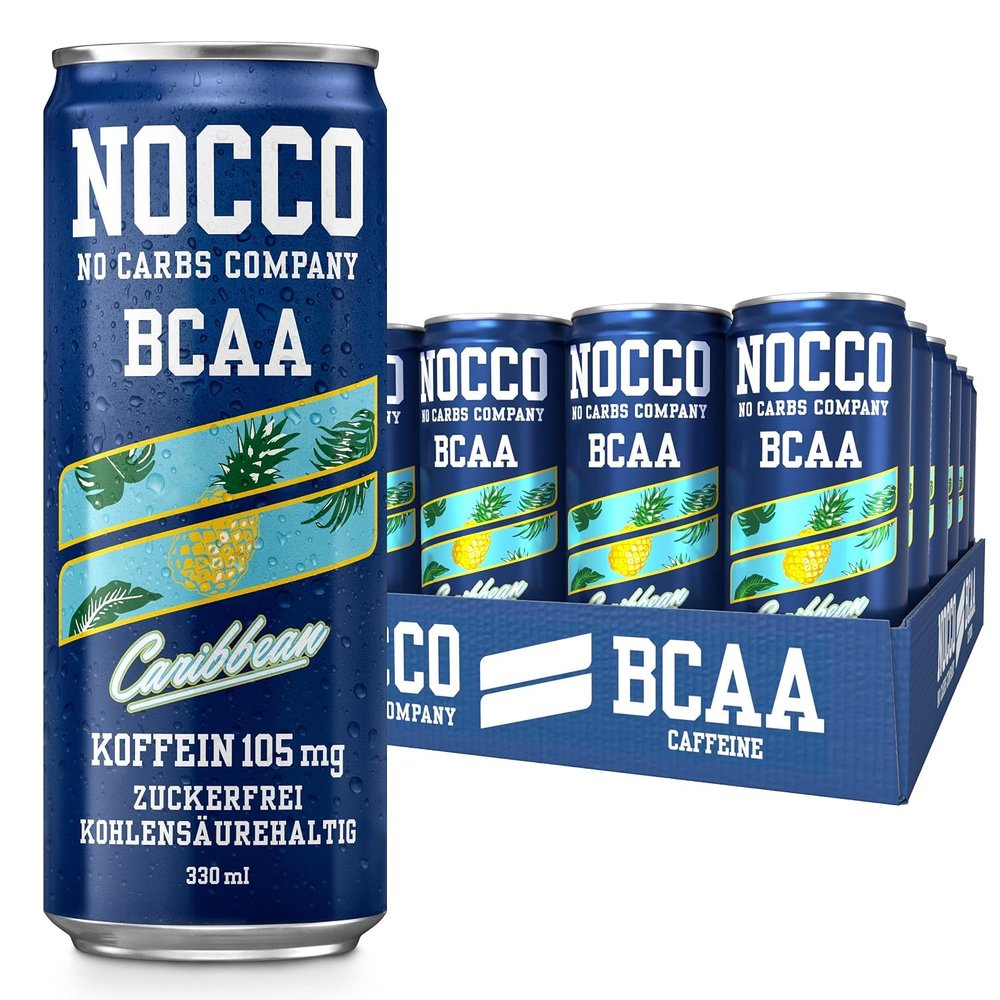 NOCCO BCAA energy drink pack of 24 - sugar-free, vegan energy drink with caffeine, vitamins and amino acids - Caribbean pineapple, 24 x 330ml incl. deposit (Caribbean)