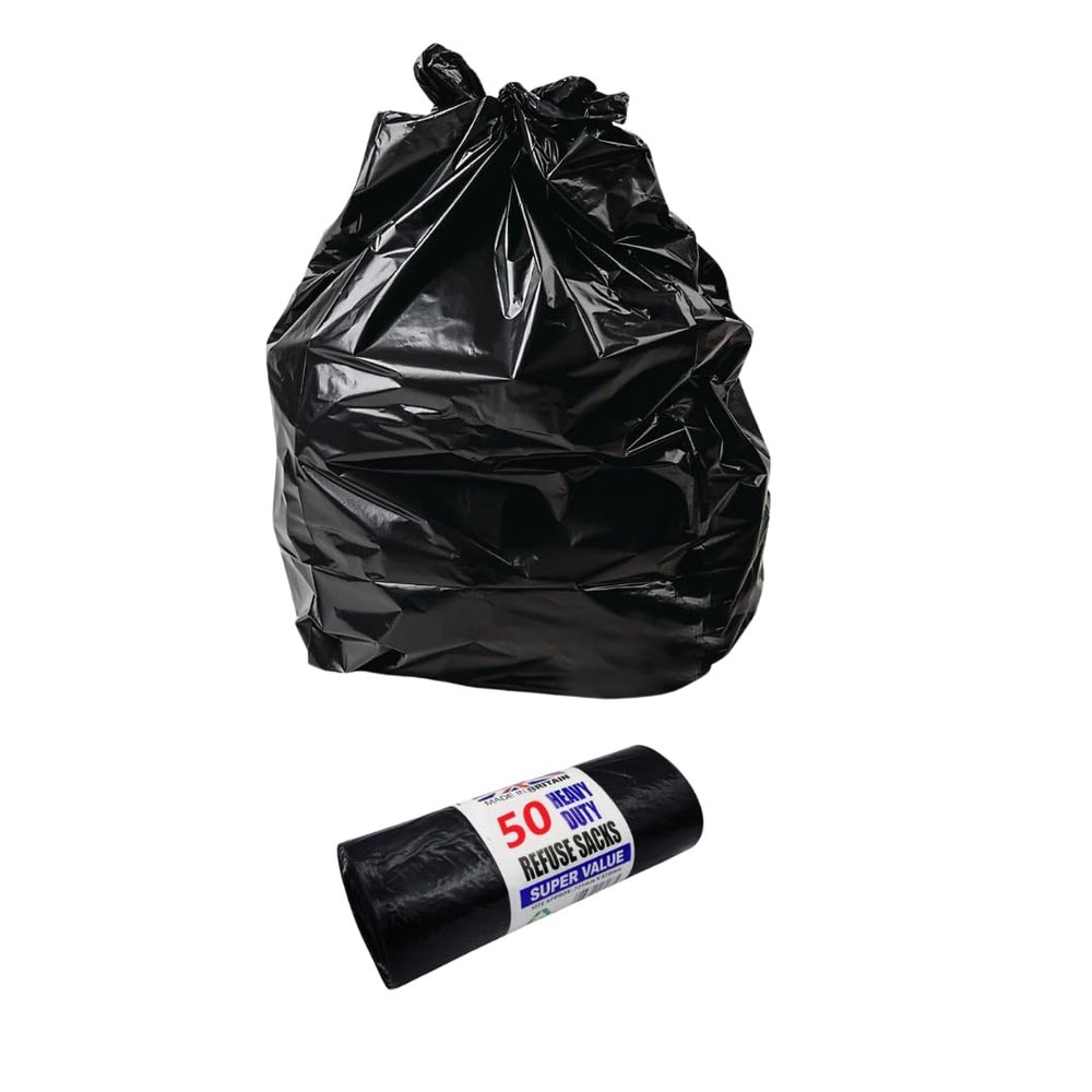 50 Heavy Duty Refuse Sacks, Kitchen Bin Liners, Large Bin Bags, Strong Leak Resistant Rubbish Bin liners, Dustbin Waste Bag Roll for Kitchen Home Office DIY Garden Waste, 70 Litres - Black