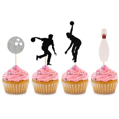 BoningNEW 24PCS Bowling Cupcake Topper for Birthday Party Wedding Baby Shower Party Outdoor Sports Theme Party Decorations Supplies PicksGlitter: Bowling Balls, Bowling Bottles, Playing Silhouettes)