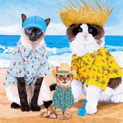 20 Napkins Animal Motifs Cats at Beach Party Table Decoration Paper Napkins with Motif Also for Decoupage and Decoupage 33 x 33 cm