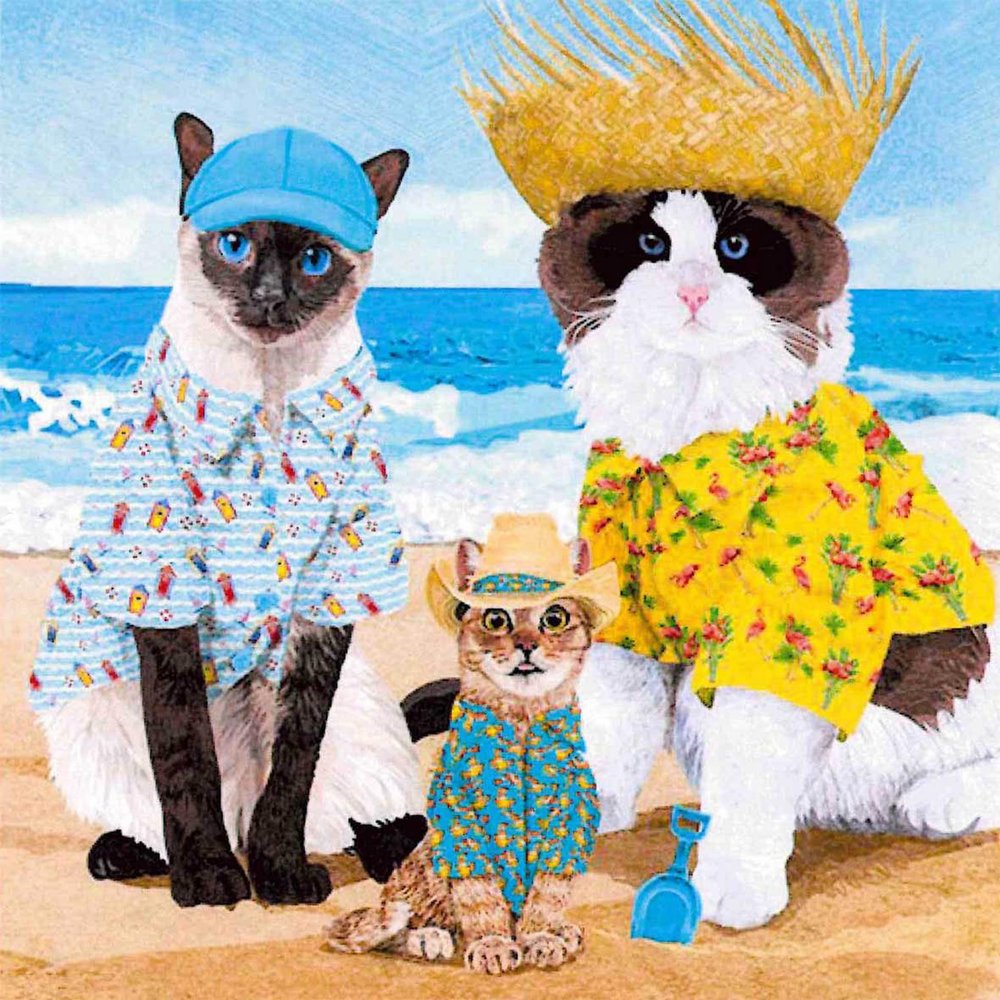 20 Napkins Animal Motifs Cats at Beach Party Table Decoration Paper Napkins with Motif Also for Decoupage and Decoupage 33 x 33 cm