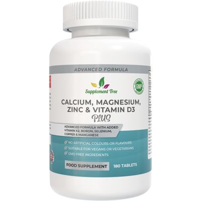 Calcium Magnesium Zinc and Vitamin D Plus Vitamin K2 MK-7 Supplement - 180 Vegan Tablets - High Strength Calcium Tablets Complex with Vitamin K2 Copper Manganese Selenium & Boron - UK Made