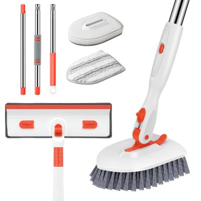SetSail 4-in-1 Tile Tub Floor Scrubber with 52-inch Adjustable Long Handle Shower Cleaner Brush Comes with Window Scrubber and 3 Replacement Brush Heads for Cleaning Bathroom Kitchen Walls Tub Tile