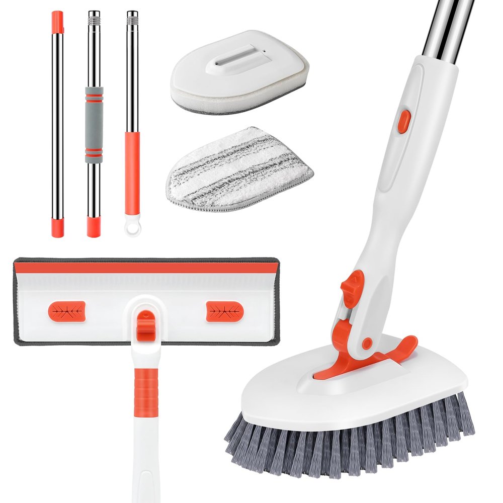 SetSail 4-in-1 Tile Tub Floor Scrubber with 52-inch Adjustable Long Handle Shower Cleaner Brush Comes with Window Scrubber and 3 Replacement Brush Heads for Cleaning Bathroom Kitchen Walls Tub Tile
