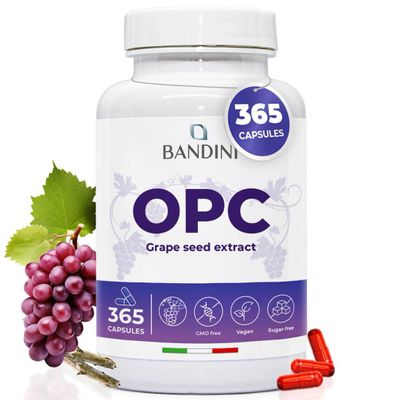 Bandini OPC Grape Seed Extract 365 Capsules | High strength with 1076mg per serving | Highest content by HPLC | From Italian grapes | 1052mg extract with 999.4mg OPC + 24mg Vitamin C | 6-month supply
