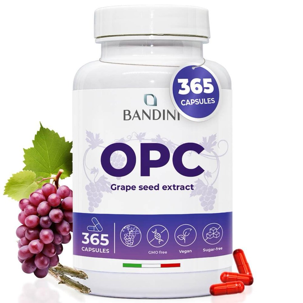 Bandini OPC Grape Seed Extract 365 Capsules | High strength with 1076mg per serving | Highest content by HPLC | From Italian grapes | 1052mg extract with 999.4mg OPC + 24mg Vitamin C | 6-month supply