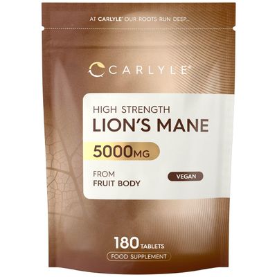 Lions Mane Supplement 5000mg | High Strength Lions Mane Supplement | from Fruit Body | 180 Vegan Tablets | Mushroom Extract | by Carlyle