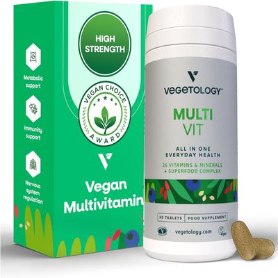 Vegetology Vegan Multivitamin Tablets for Women and Men, 26 Chelated Vitamins and Minerals with Iron, Vitamin B12, D3 and K2, Metabolic, Brain, Immune Support, 60 Tablets, 2 Months Supply, Ages 11+