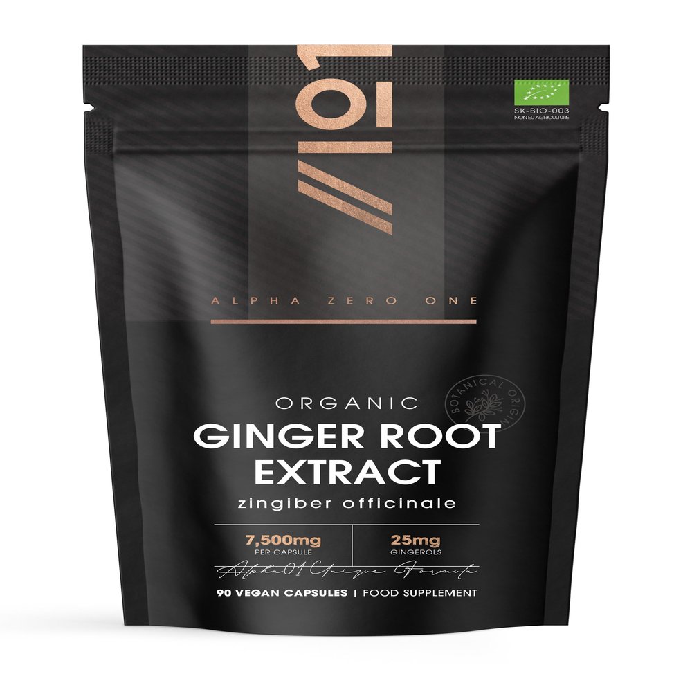 Organic Ginger Extract 7500mg Standardised 5% Gingerols (25mg) - 90 Vegan Capsules (3 Months Supply) Resealable and Recyclable Pouch by Alpha01