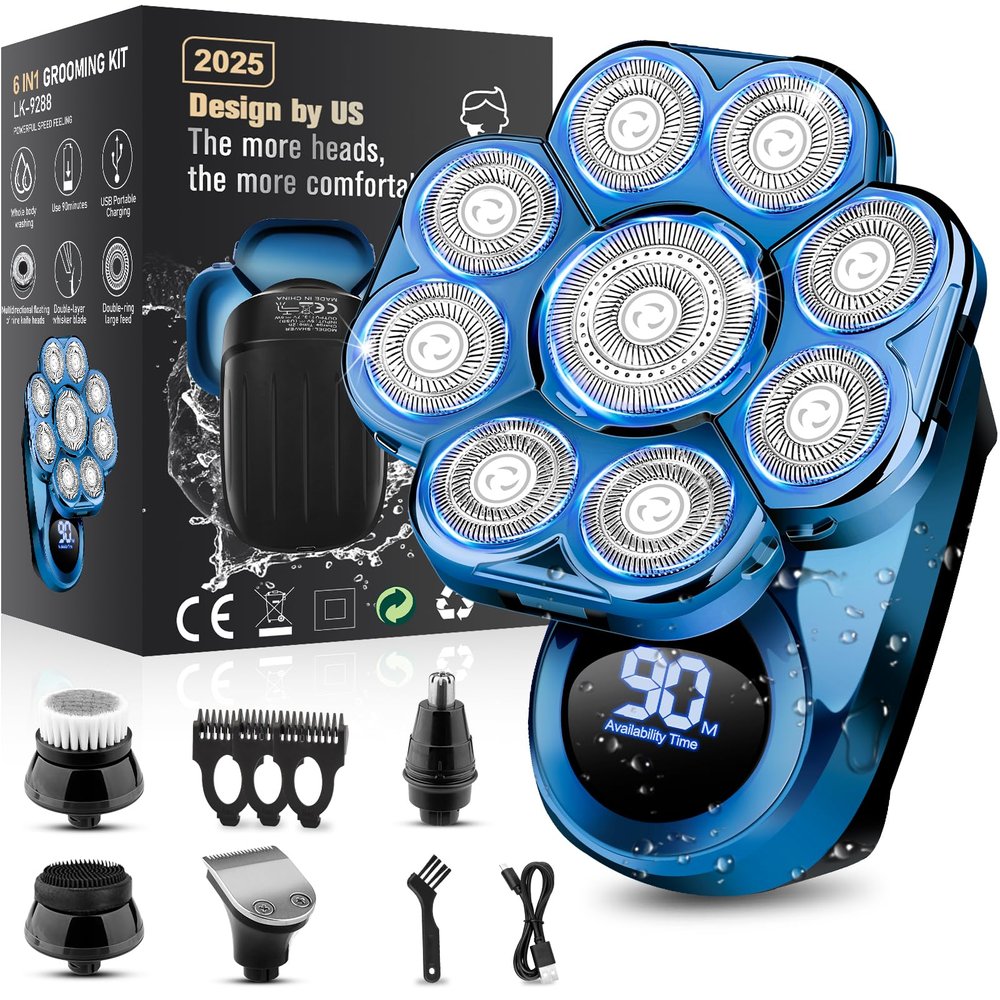 9D Electric Head Shaver for Bald Men, Upgraded 6-in-1 Wet/Dry Grooming Kit, Cordless Rechargeable Travel Gift