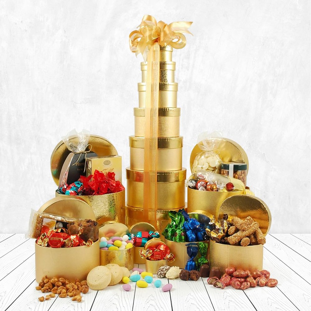 Chocolate Gift Tower - 7-Tier Golden Chocolate Hamper - Christmas Hamper, Mother's Day, Hampers for Women, Hampers for Couples