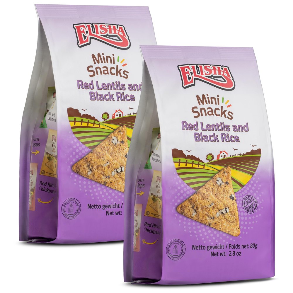 Elisha Red Lentils and Black Rice Mini Snacks - Pack of 2 80G Healthy Crisps Multipack -Gluten Free and Kosher Certified Corn Snacks -Grab and Go Snack Bag -Perfect Sharing Pack for Family and Friends