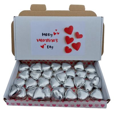 25 Milk Chocolate Hearts  Red Foil Wrapped Valentines Chocolate Hearts Love Heart Chocolates | Wedding Favour Chocolates (Silver Heart, 25)