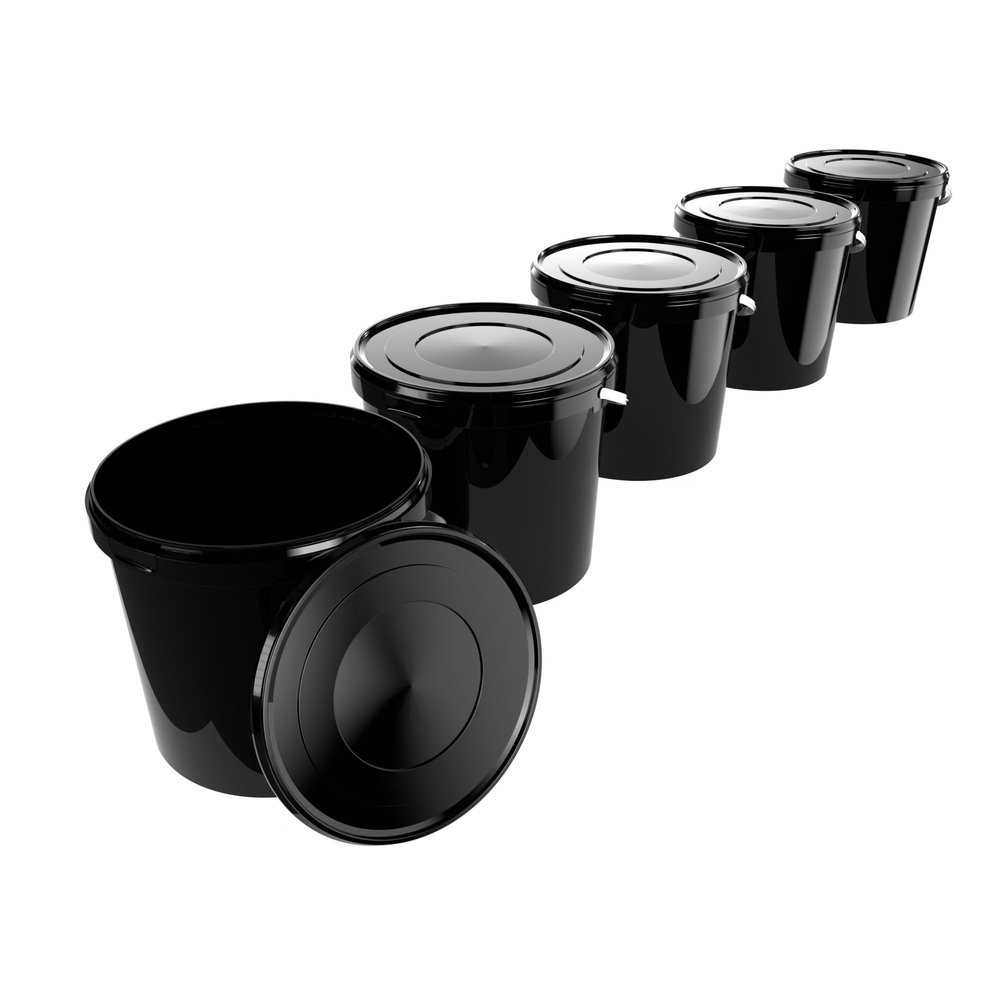 FixedByU 5 Buckets with Lid, 10 L, Black, Round, Plastic Bucket, Food-Safe, Airtight and Stable, Empty Bucket with Handle and Lid Suitable for Food, Chemistry, Washing Powder, Adhesives