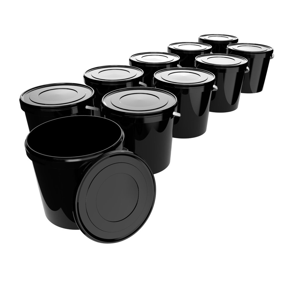 10 Buckets with Lid, 10 L, Black, Round, Plastic Bucket, Food-Safe, Airtight and Stable, Empty Bucket with Handle and Lid for Food, Chemistry, Washing Powder, Adhesives