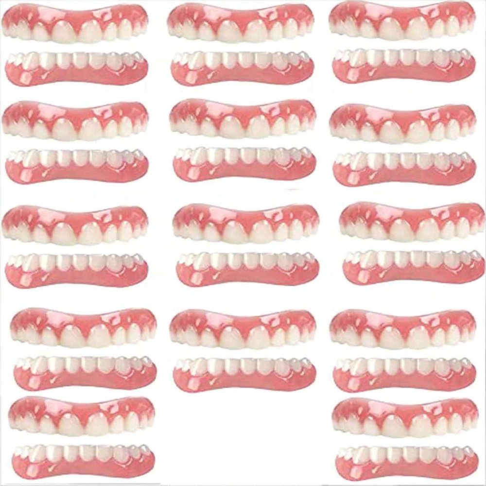 Silicone Dentures Cosmetic Veneer Instant Smiling Teeth Upper and Lower Matching Comfort Fit Dental Prostheses Set for Toothless Quickly Repair Your Teeth and Smile,01,14PCS