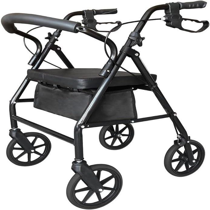 HSEECR Ultra Lightweight Folding Mobility Aids - Mobility Walker Rollator 4 Wheel with Padded Seat, Lockable Brakes and Bag, Walking Frame for The Elderly or Disabled (Black)