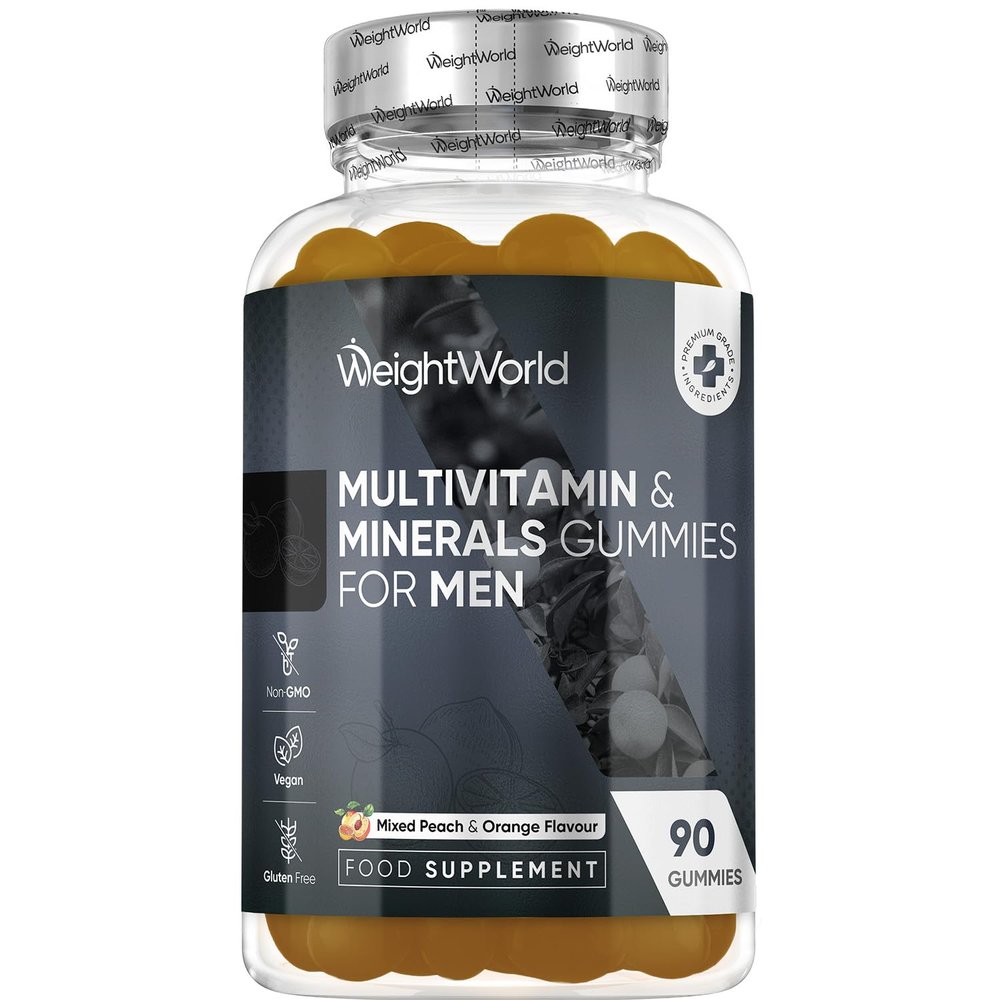 WeightWorld Multivitamin Gummies for Men | 90 Vegan Gummies | with Added Herbal Extracts Like Maca, Panax Ginseng | 8 Multivitamins & 4 Minerals | Mixed Peach & Orange Flavour | Gluten-Free & Non-GMO