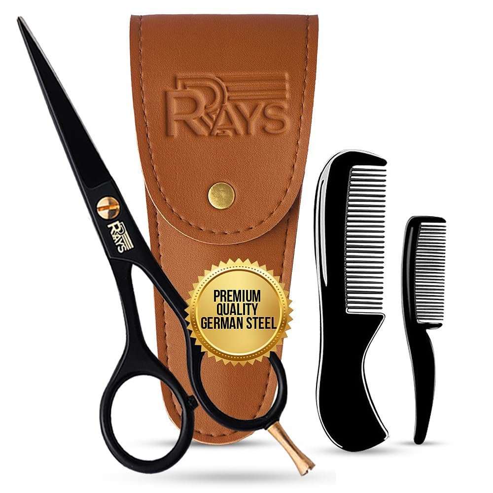 5'' Beard Scissors for Men- German Mustache Scissors with Berad & Mustache Comb- Beard Trimming Scissors with Travel Pouch- Mustache Grooming kit for Men Facial Hair Styling-Mustache Trimmer.