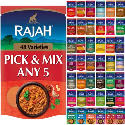 Rajah Spices Pick & Mix Any 5 - Customisable Spice Selection - Choose from Ground Spices, Whole Spices, Masala Blends, Seasonings and Curry Powder