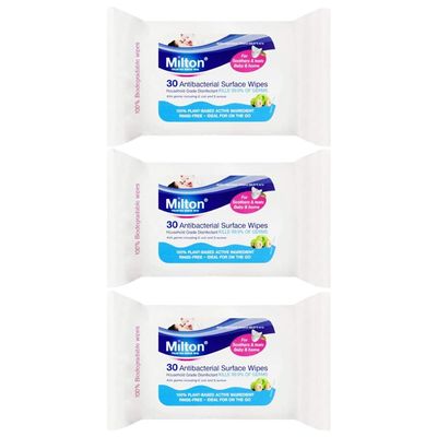 Milton 3 x 30 Wipes With Welari Card Antibacterial Surface Cleaning Antiseptic Moist Tissues Kitchen Desk Cleaner (90wipes) (3pack)
