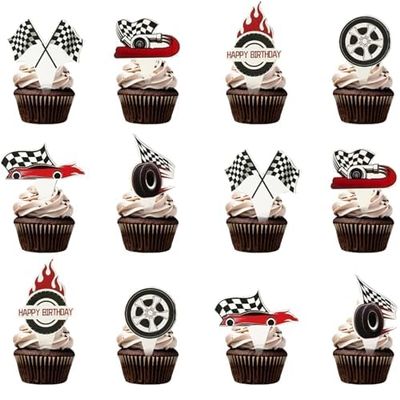 24 PCS Hot Car Cupcake Toppers Race Car Party Decorations Checkered Theme Cake Decoration for Boy Girl Baby Shower Birthday Party Cake Decors Supplies