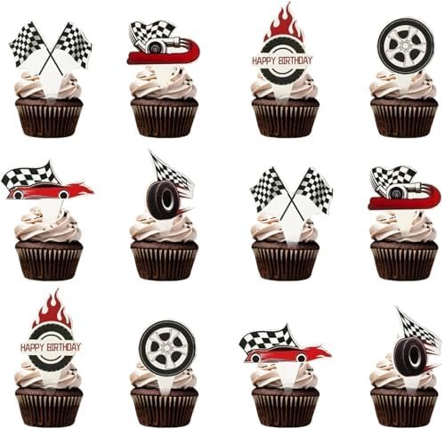24 PCS Hot Car Cupcake Toppers Race Car Party Decorations Checkered Theme Cake Decoration for Boy Girl Baby Shower Birthday Party Cake Decors Supplies