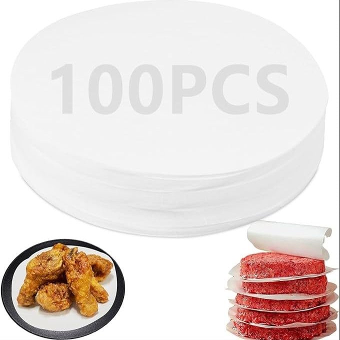 KMOCEPLY 100Pcs Round Parchment Paper Baking Paper Sheets Round Burger Paper Sheets Non Stick Greaseproof Burger Press Wax Discs Papers for Food Crafting Foods Seperating Air Fry Baking (8 inches)