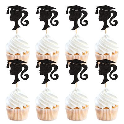 Cyodoos 24pcs 2024 Girl Graduation Theme Black Cupcake Toppers Girl Graduate Silhouette Cupcake Picks 2024 Students Graduation Theme Party Cake Decorations Supplies