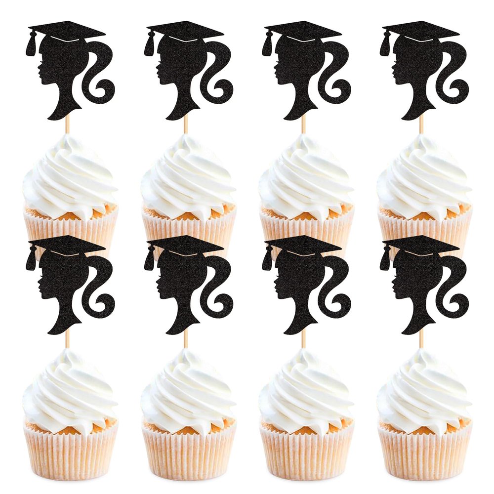 Cyodoos 24pcs 2024 Girl Graduation Theme Black Cupcake Toppers Girl Graduate Silhouette Cupcake Picks 2024 Students Graduation Theme Party Cake Decorations Supplies