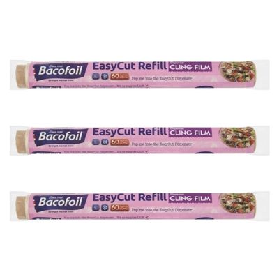 3 x EasyCut Cling Film Refill Rolls Wrapping Freezing Microwaving | Convenient and Durable Kitchen | The Perfect Kitchen Essential | 350mm x 60m | Total 180m of Clingfilm