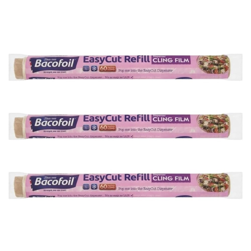 3 x EasyCut Cling Film Refill Rolls Wrapping Freezing Microwaving | Convenient and Durable Kitchen | The Perfect Kitchen Essential | 350mm x 60m | Total 180m of Clingfilm