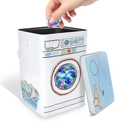 Laundry Powder Metal Box Laundry Gel Storage Box Laundry Detergent Canister with Transparent Skylight Design Unique Washing Machine Shape Laundry Powder Bin