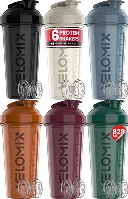 VELOMIX -6 PACK- 828ml Protein Shaker Bottle - 6x Wire Mixball for Lump-Free Shakes | Leak Proof Shaker for Protein Shakes | Protein Shake Bottle for Mixing Powdered Shakes | BPA-Free Shaker Cup