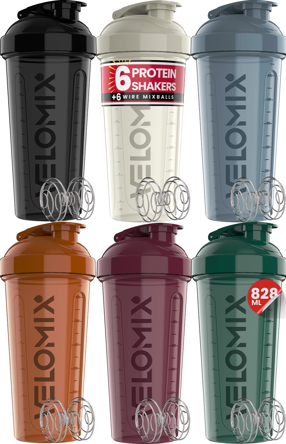 VELOMIX -6 PACK- 828ml Protein Shaker Bottle - 6x Wire Mixball for Lump-Free Shakes | Leak Proof Shaker for Protein Shakes | Protein Shake Bottle for Mixing Powdered Shakes | BPA-Free Shaker Cup