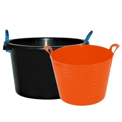 70L Rope Bucket (Black) + 42l Large Flexi Tubs | Heavy Duty Plaster Mixing Cement Water Storage Bucket | Flexi Tubs Muck Bucket Garden Debris Rubbish (42l Flexi Orange, 70 Litre Rope Bucket)