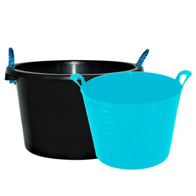 70L Rope Bucket (Black) + 42 Large Flexi Tubs | Heavy Duty Plaster Mixing Cement Water Storage Bucket | Flexi Tubs Muck Bucket Garden Debris Rubbish (42l Flexi Sky Blue, 70 Litre Rope Bucket)