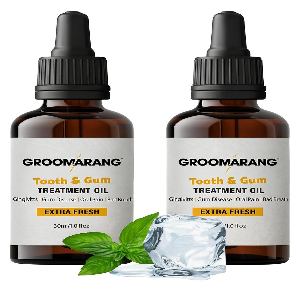 Groomarang Natural Botanical Tooth and Gum Oil with Free Tongue Scraper, 15 ml (30ml (Pack of 2))