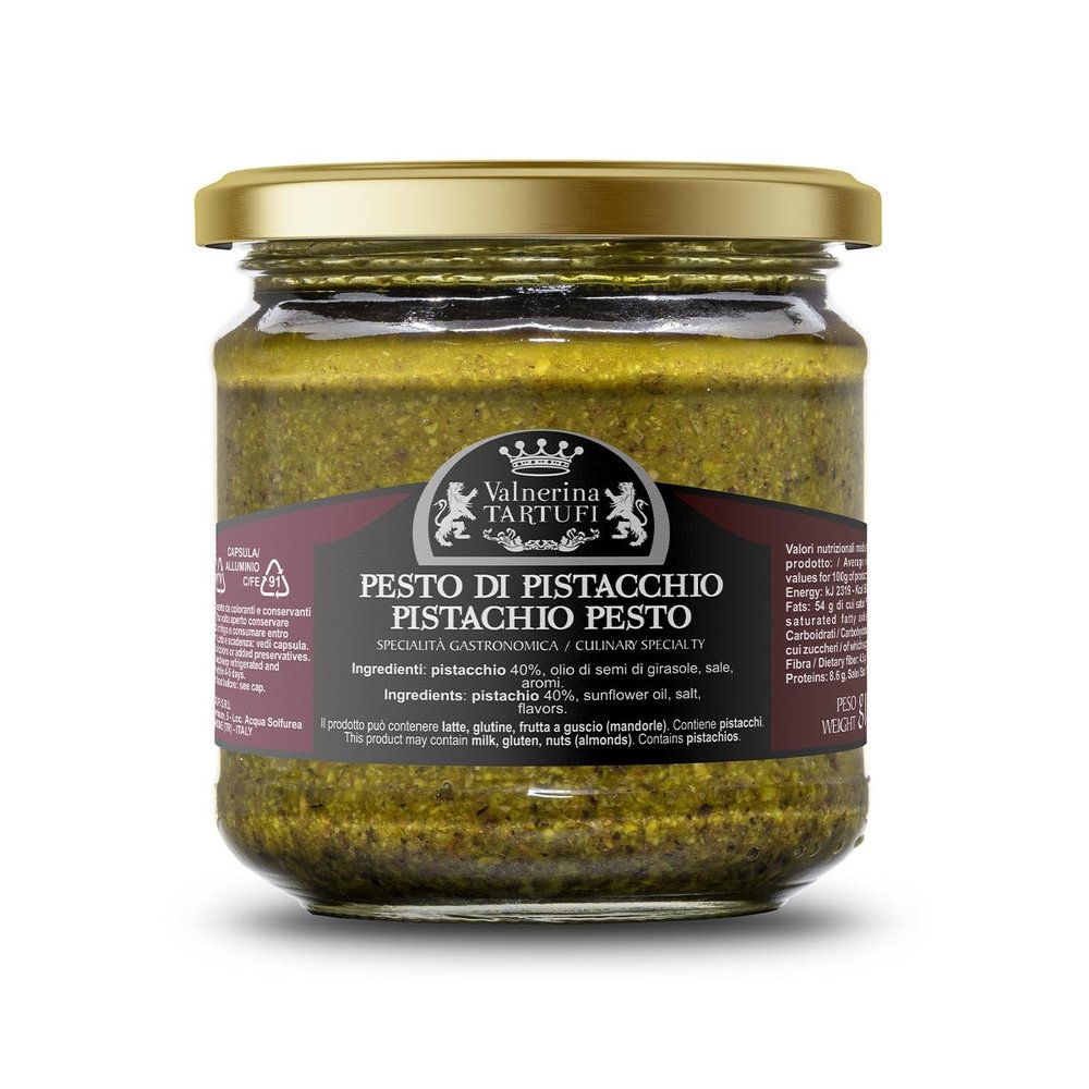 Valnerina Tartufi Pistachio Pesto | Bruschette and Starter Saucet, Ready Pasta Seasoning Sauce | Gastronomic Specialty | 180 gr jar.